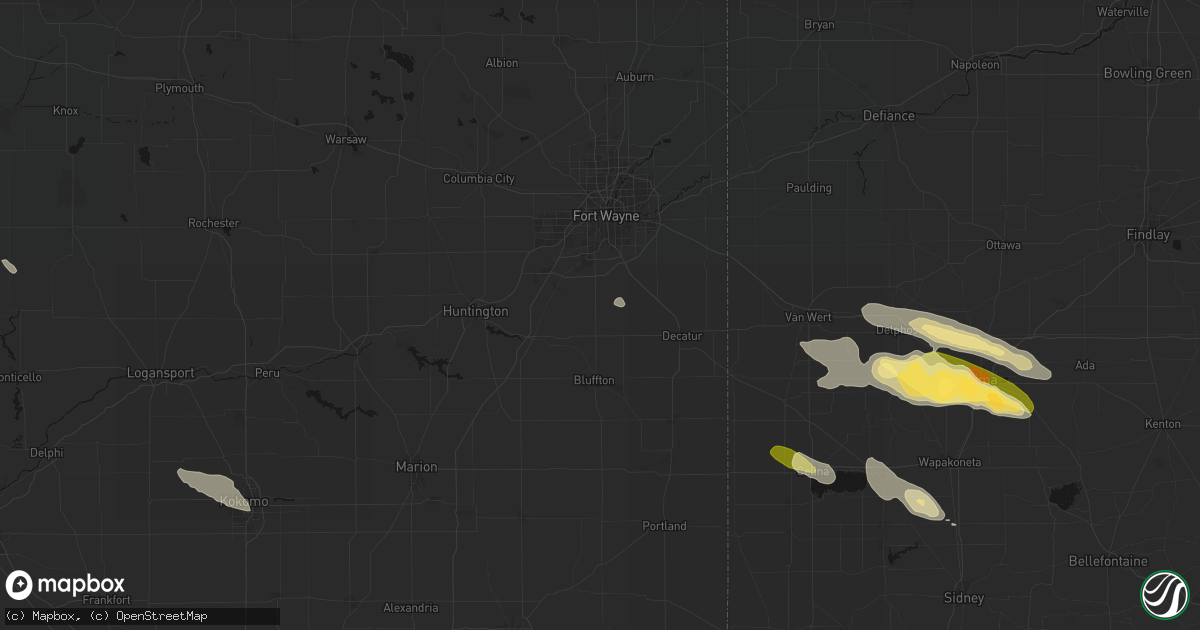 Hail map in Ossian, IN on August 12, 2026