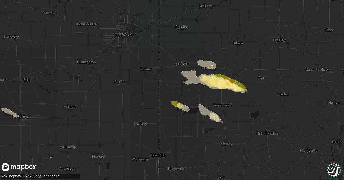 Hail map in Rockford, OH on August 12, 2026