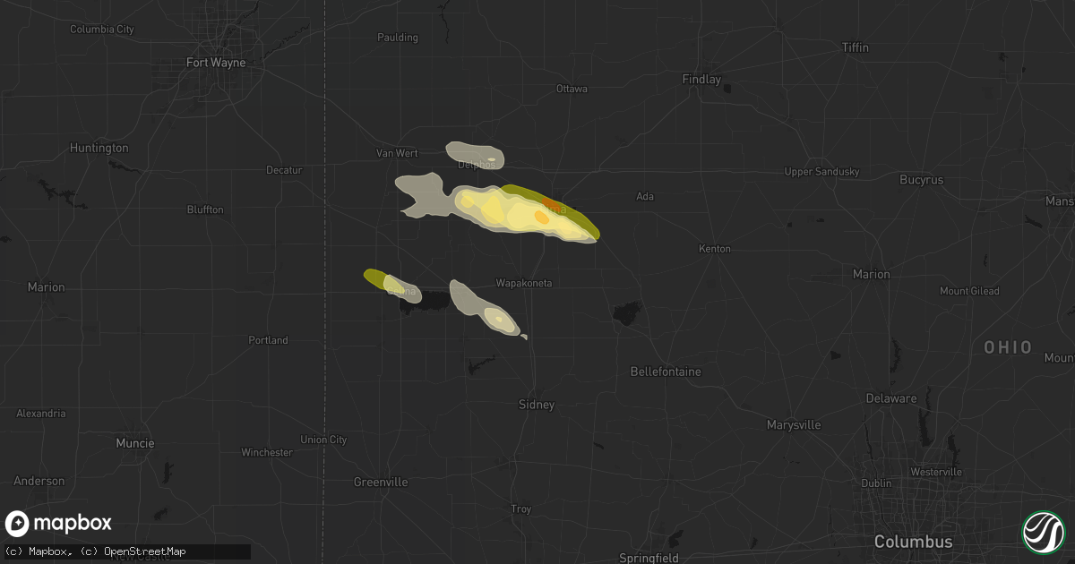 Hail map in Wapakoneta, OH on August 12, 2026