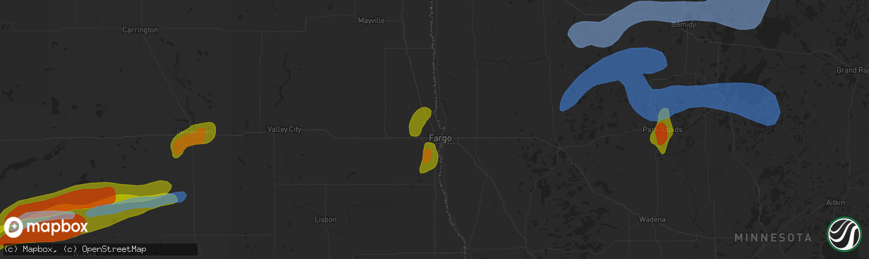 Hail map in Fargo, ND on August 13, 2020