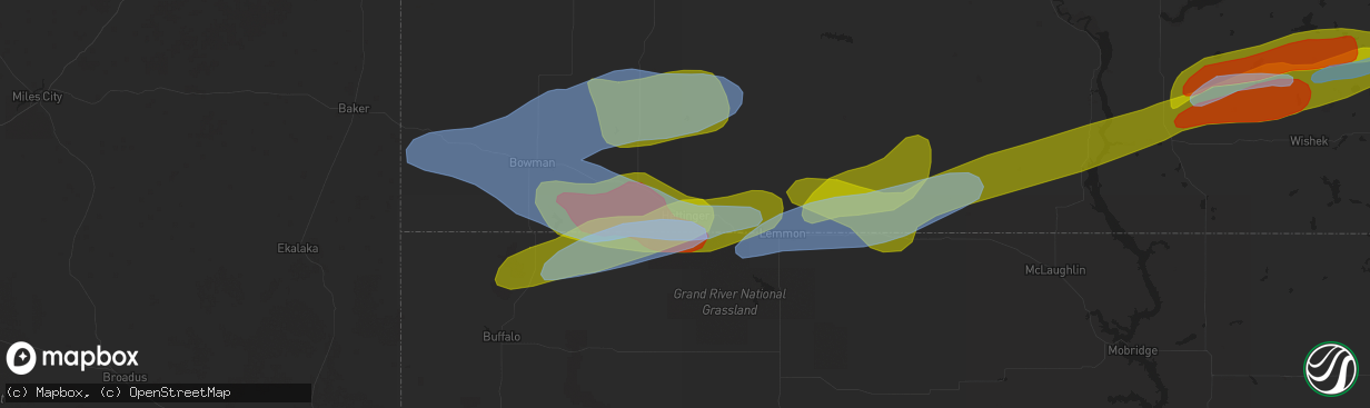 Hail map in Hettinger, ND on August 13, 2020