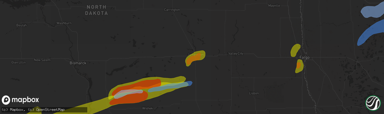 Hail map in Jamestown, ND on August 13, 2020