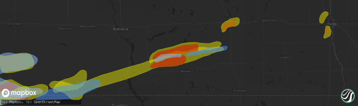 Hail map in Napoleon, ND on August 13, 2020