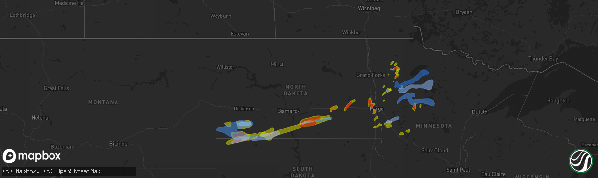 Hail map in North Dakota on August 13, 2020