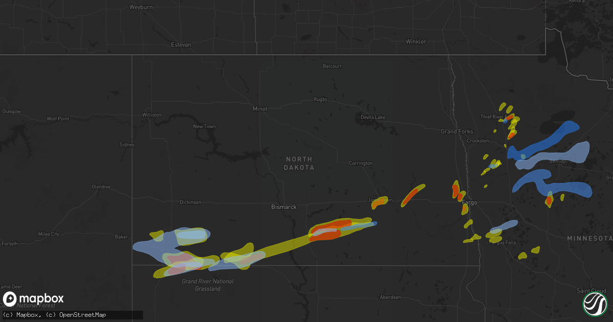 Hail map in North Dakota on August 13, 2020