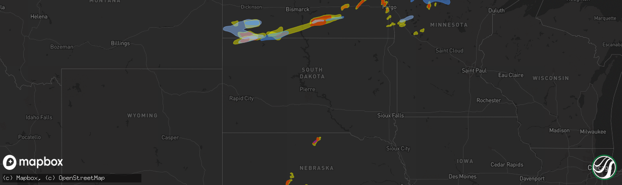 Hail map in South Dakota on August 13, 2020