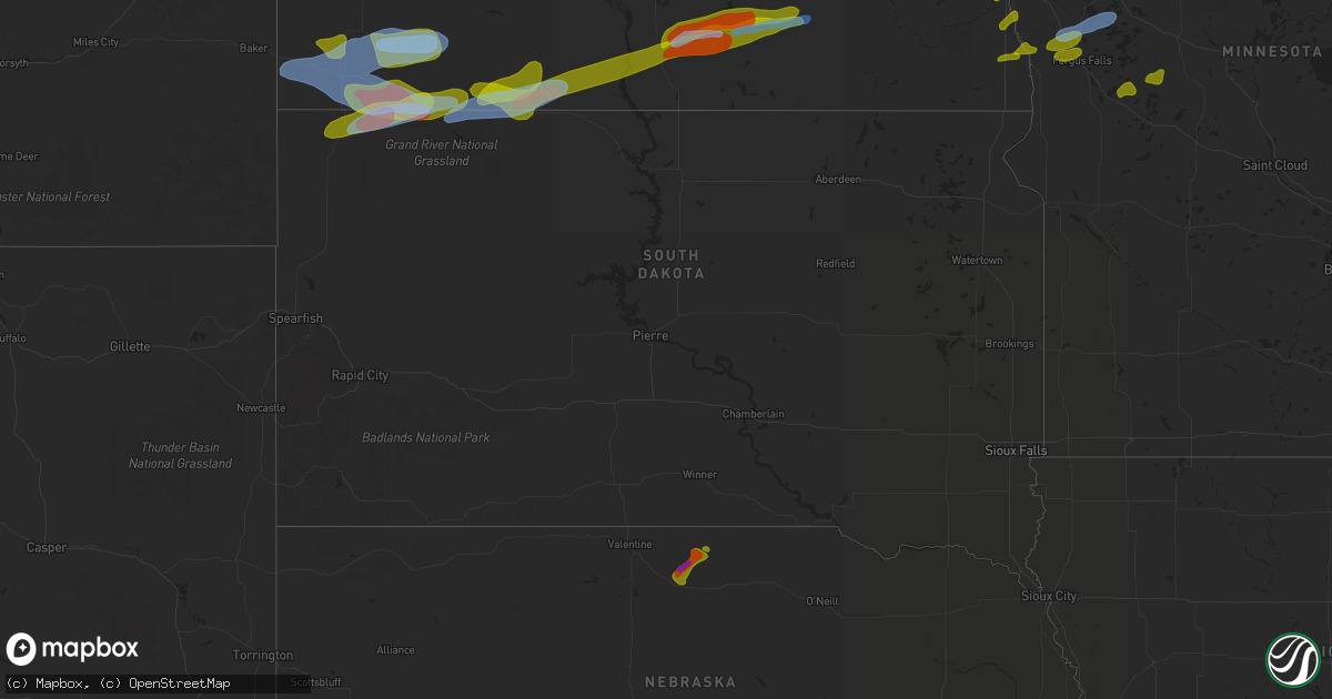 Hail map in South Dakota on August 13, 2020