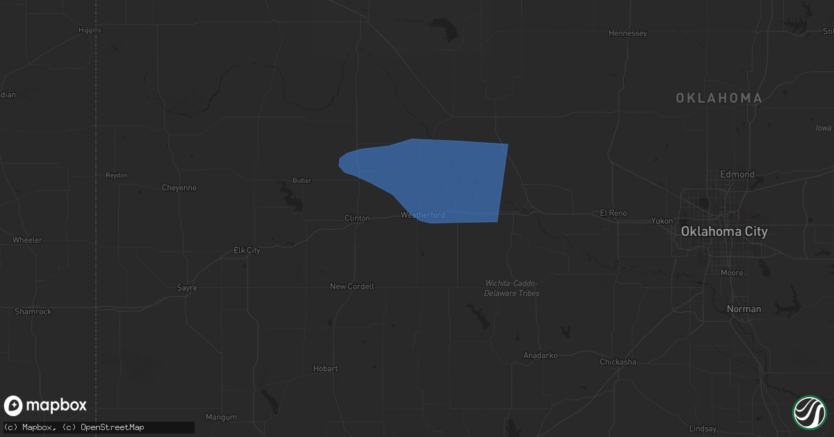 Hail map in Weatherford, OK on August 13, 2023
