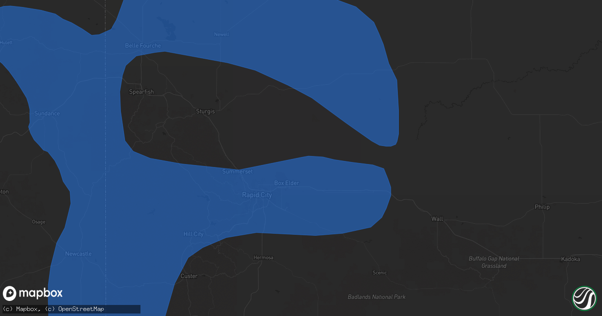 Hail map in Box Elder, SD on August 13, 2025