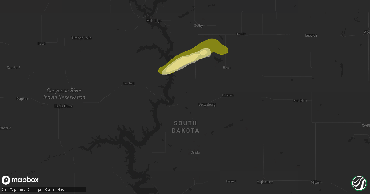 Hail map in Gettysburg, SD on August 13, 2025