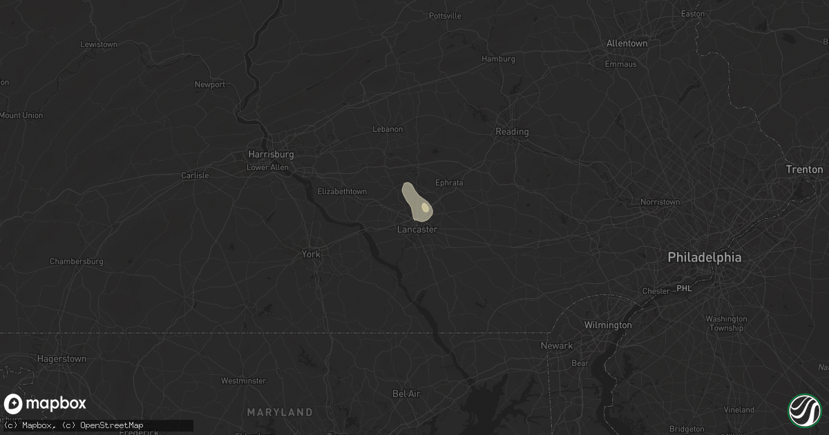 Hail map in Lancaster, PA on August 13, 2025