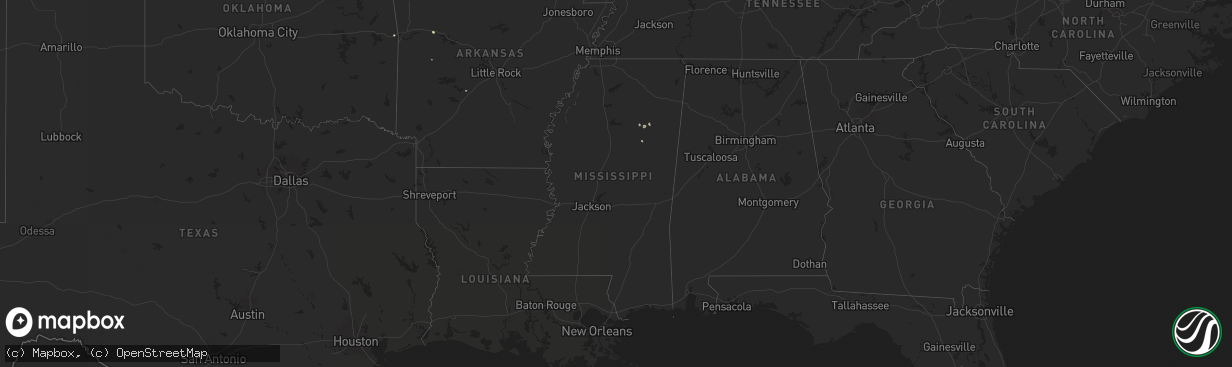Hail map in Mississippi on August 13, 2025