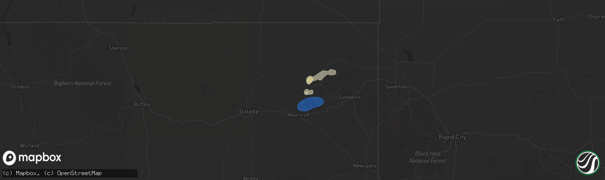 Hail map in Moorcroft, WY on August 13, 2025