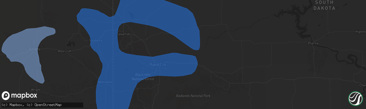 Hail map in New Underwood, SD on August 13, 2025