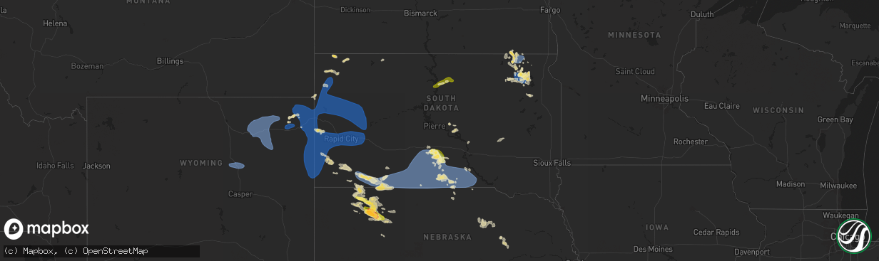 Hail map in South Dakota on August 13, 2025