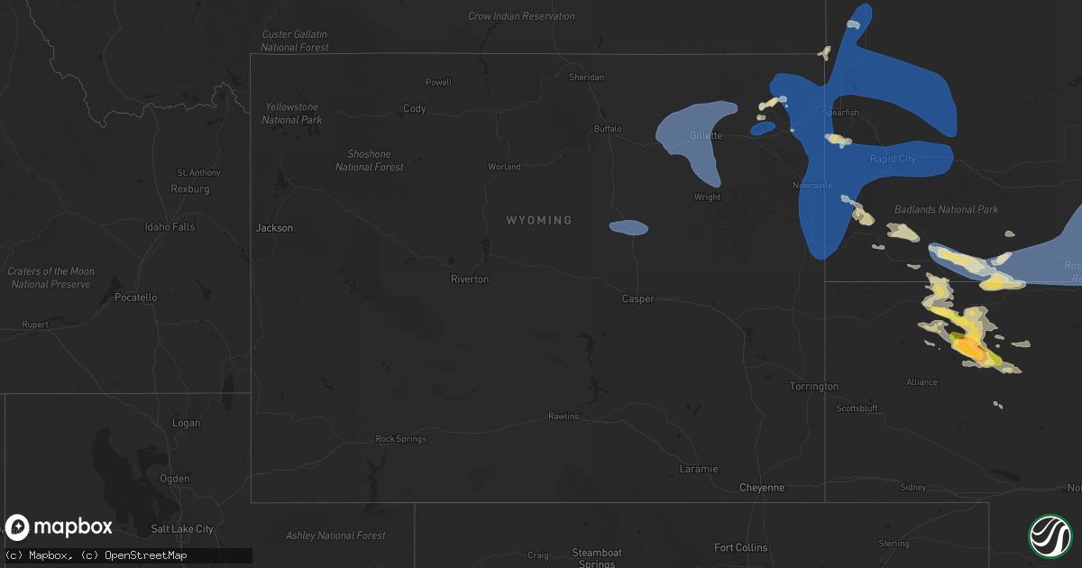 Hail map in Wyoming on August 13, 2025
