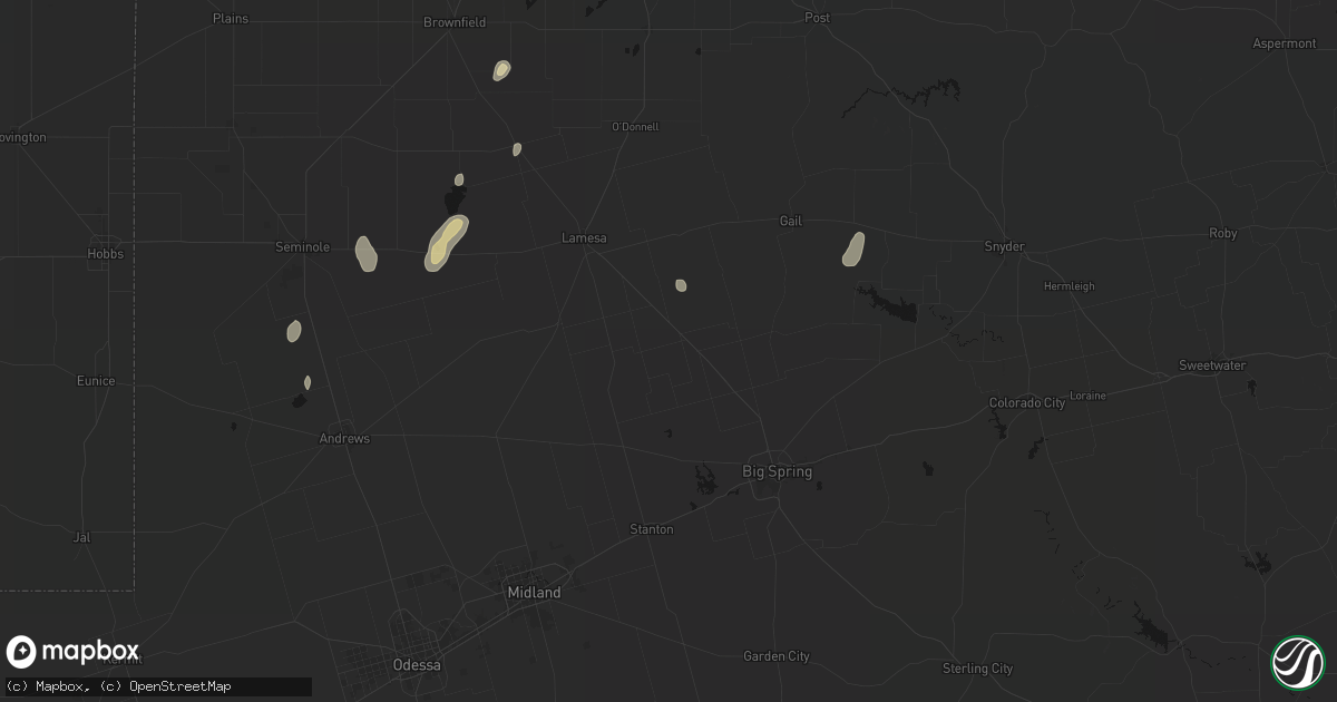 Hail map in Ackerly, TX on August 13, 2026