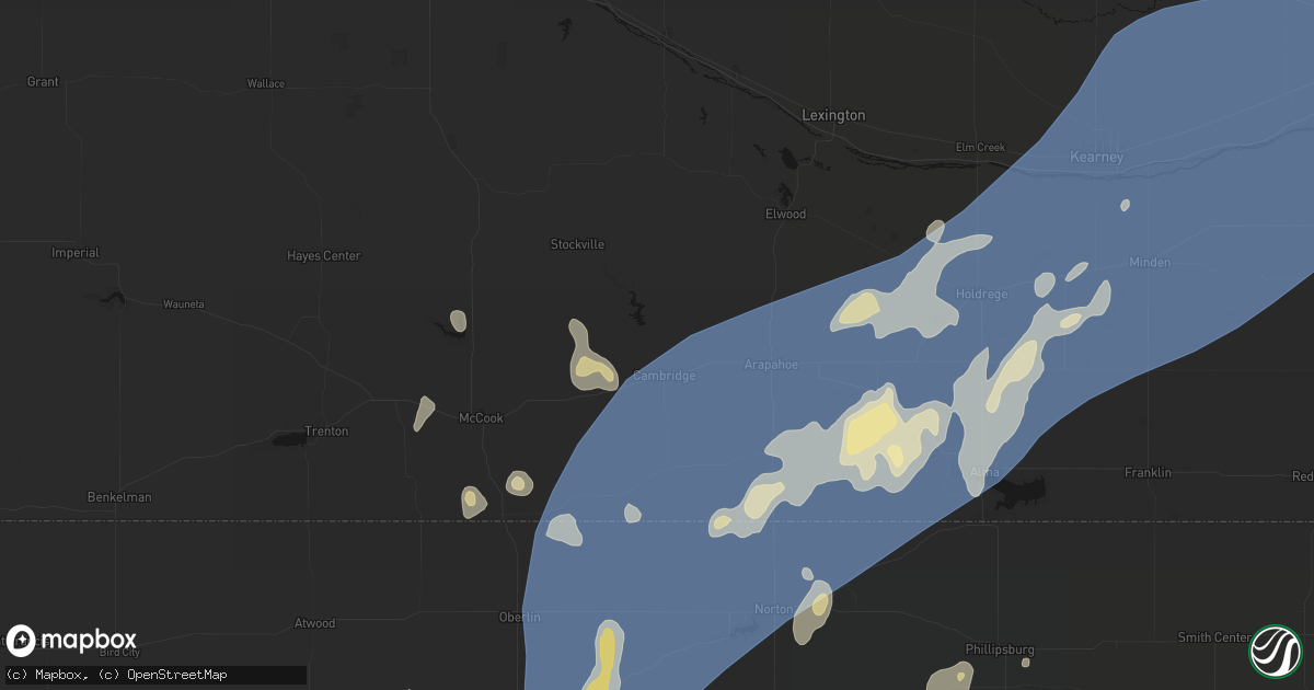 Hail map in Cambridge, NE on August 13, 2026