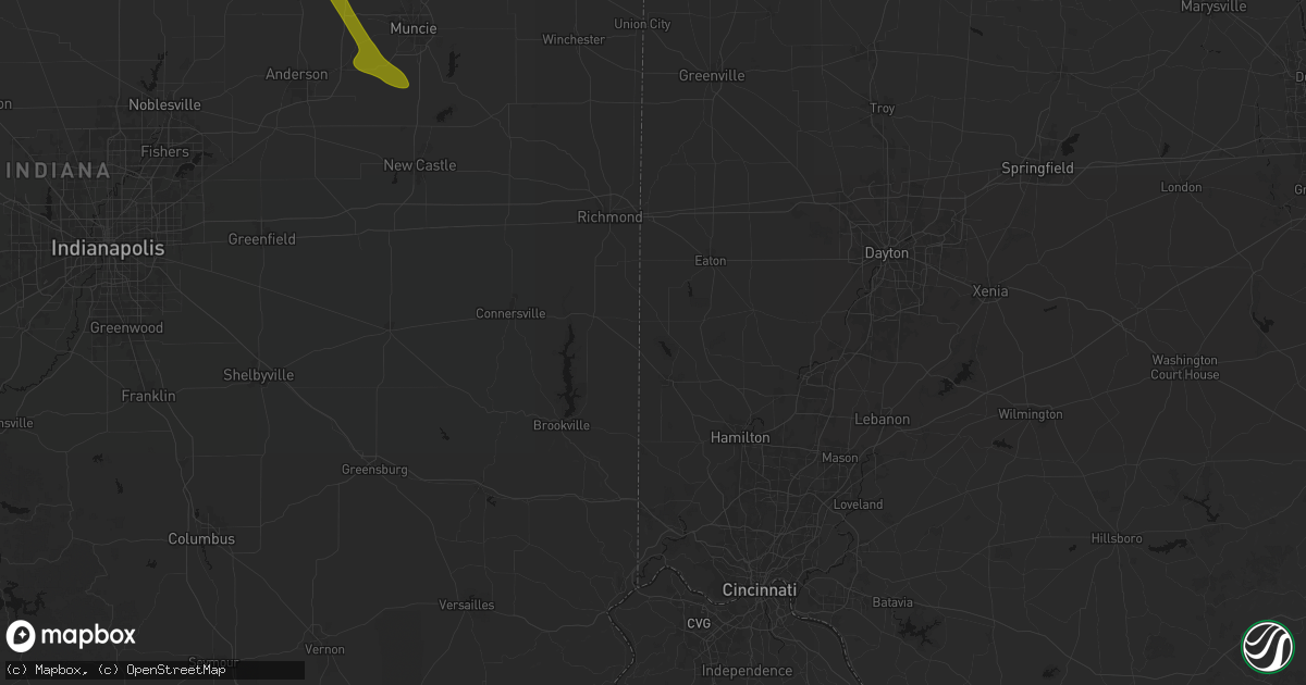 Hail map in College Corner, OH on August 13, 2026