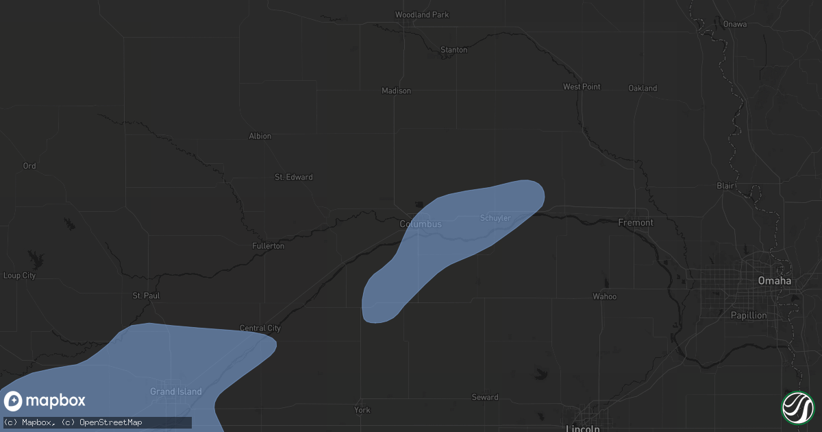 Hail map in Columbus, NE on August 13, 2026