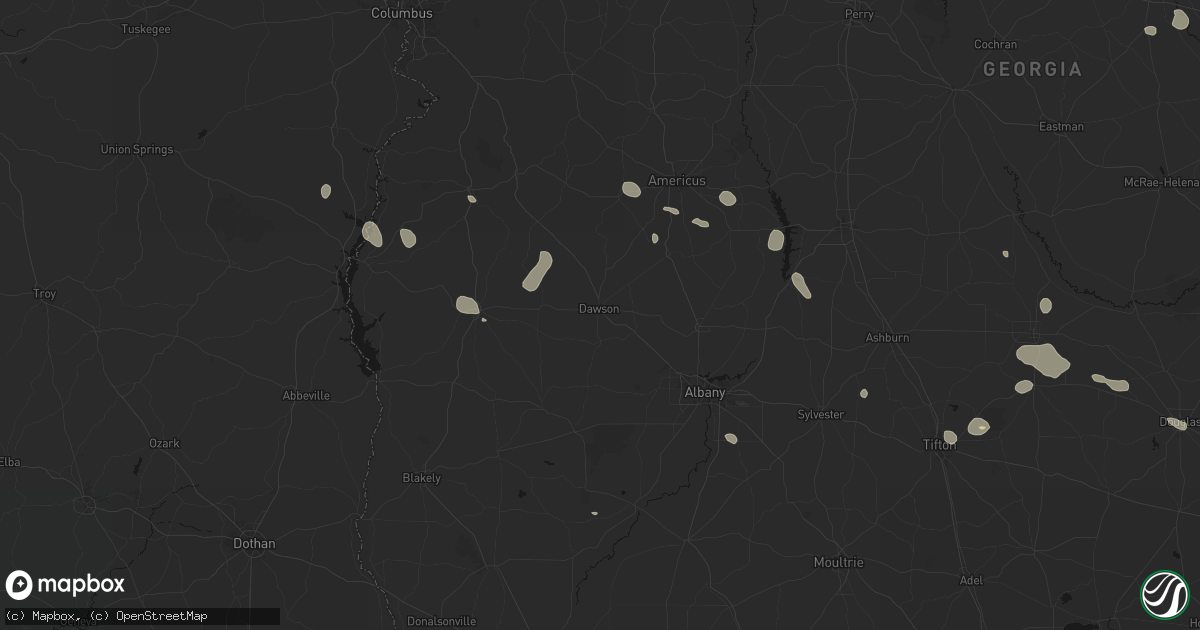Hail map in Dawson, GA on August 13, 2026