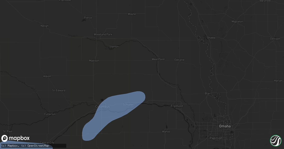 Hail map in Dodge, NE on August 13, 2026