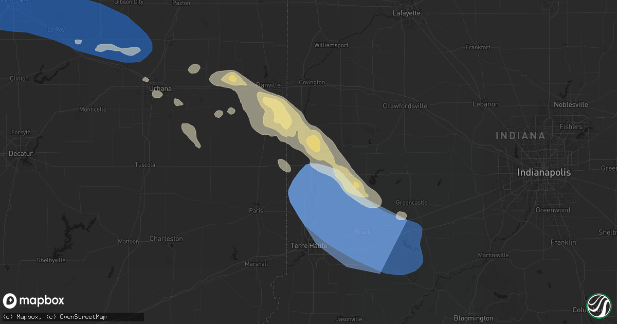 Hail map in Hillsdale, IN on August 13, 2026