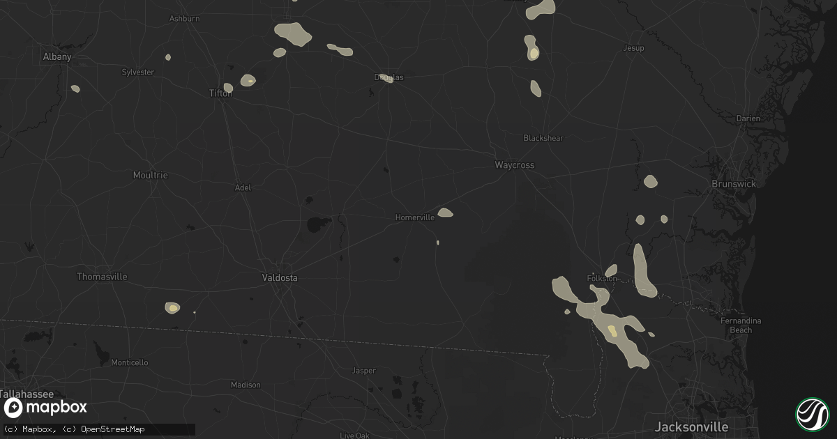 Hail map in Homerville, GA on August 13, 2026