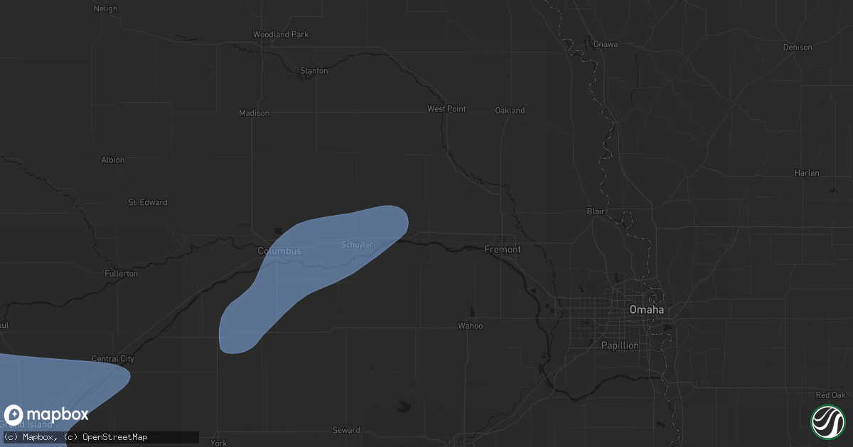 Hail map in North Bend, NE on August 13, 2026