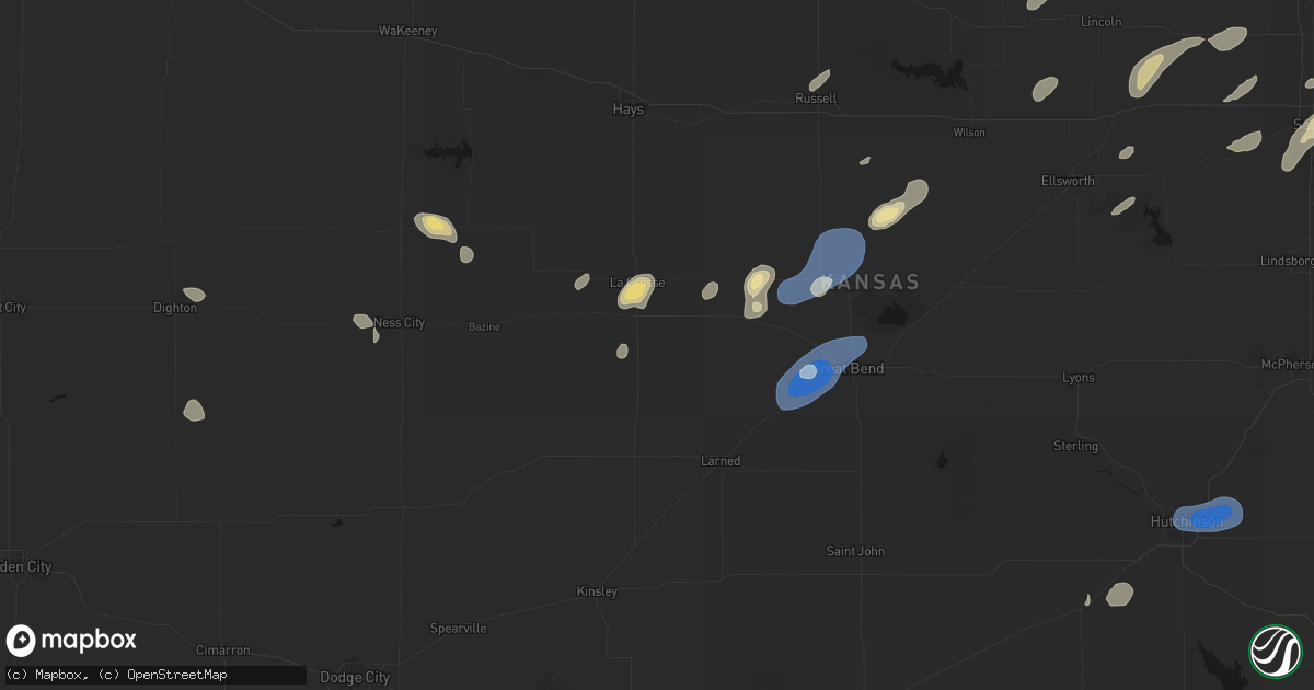 Hail map in Rush Center, KS on August 13, 2026
