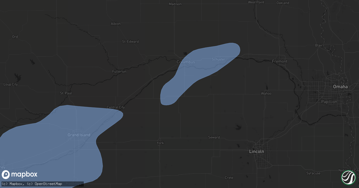 Hail map in Shelby, NE on August 13, 2026