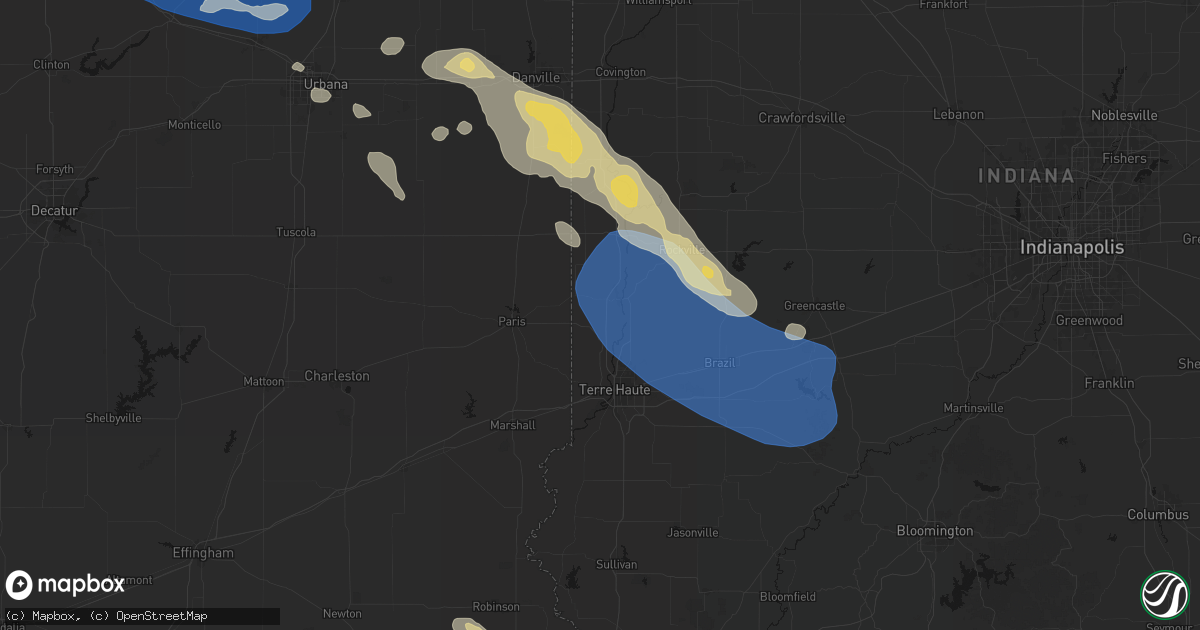 Hail map in Universal, IN on August 13, 2026
