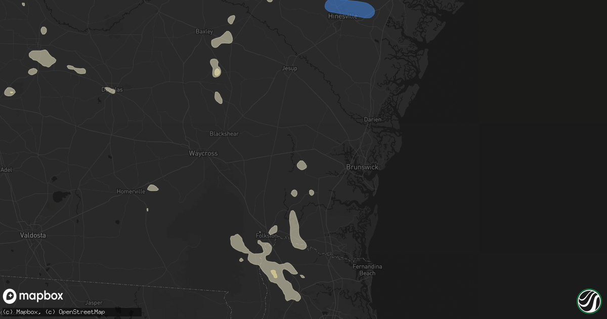 Hail map in Waynesville, GA on August 13, 2026