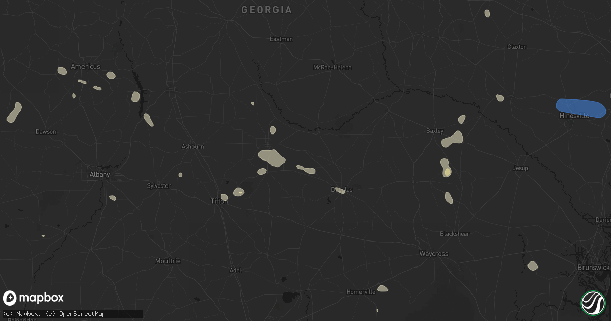 Hail map in Wray, GA on August 13, 2026