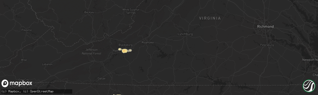 Hail map in Christiansburg, VA on August 14, 2011