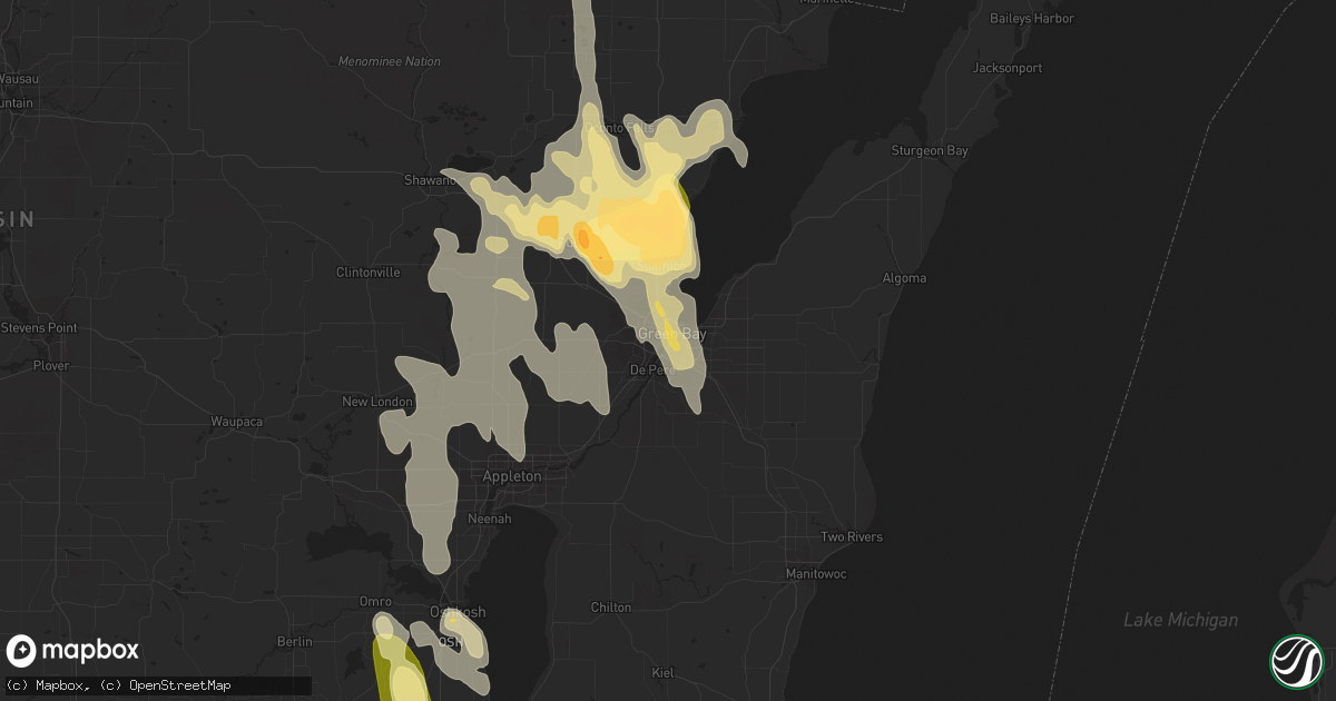 Hail map in Green Bay, WI on August 14, 2015