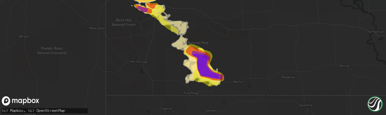 Hail map in Porcupine, SD on August 14, 2017