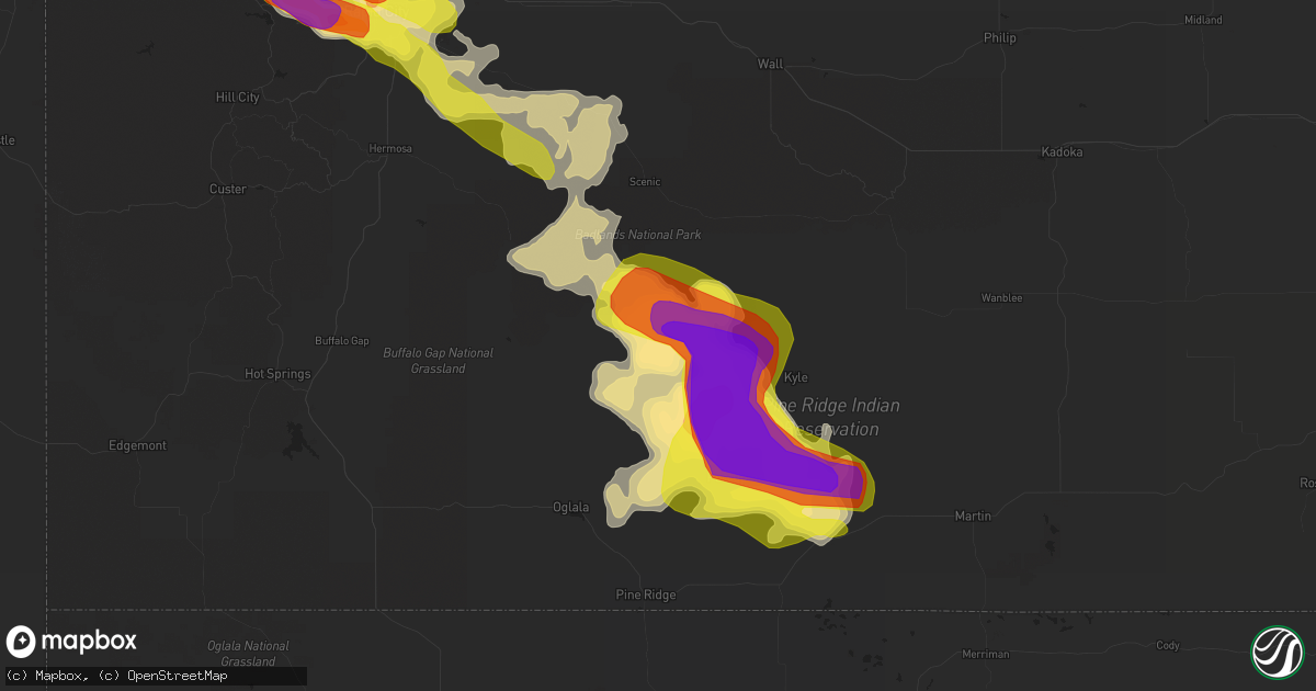 Hail map in Porcupine, SD on August 14, 2017