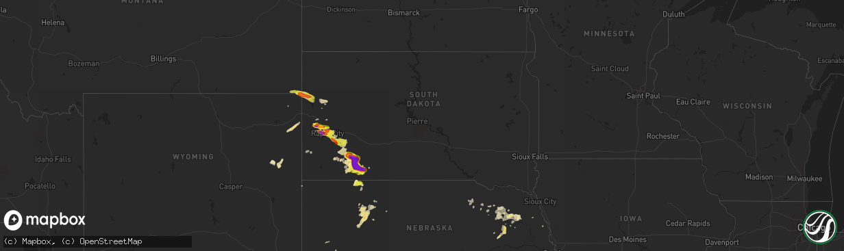 Hail map in South Dakota on August 14, 2017