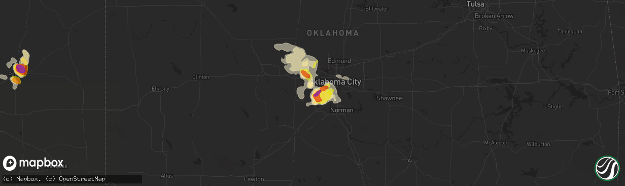 Hail map in Mustang, OK on August 14, 2018