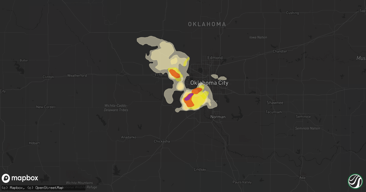 Hail map in Mustang, OK on August 14, 2018