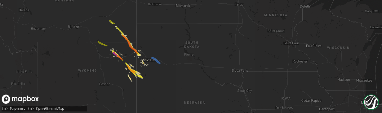 Hail map in South Dakota on August 14, 2019