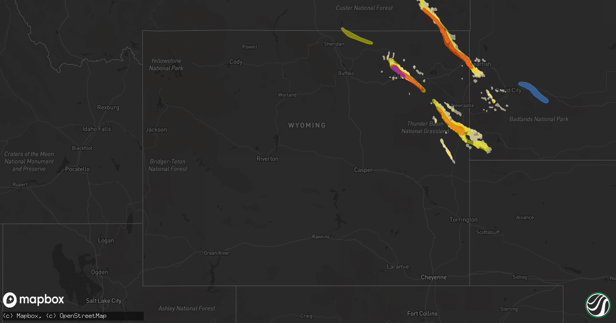 Hail map in Wyoming on August 14, 2019