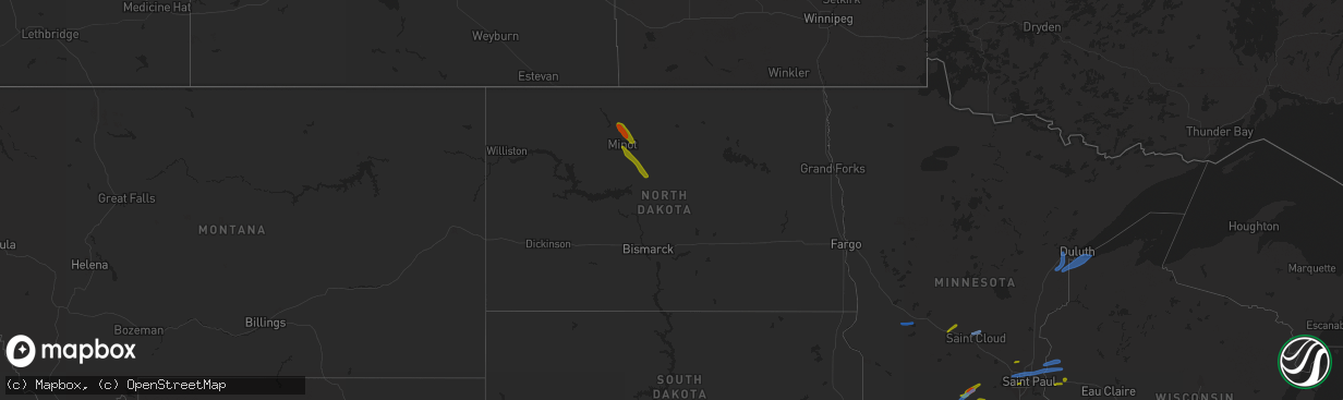 Hail map in North Dakota on August 14, 2020