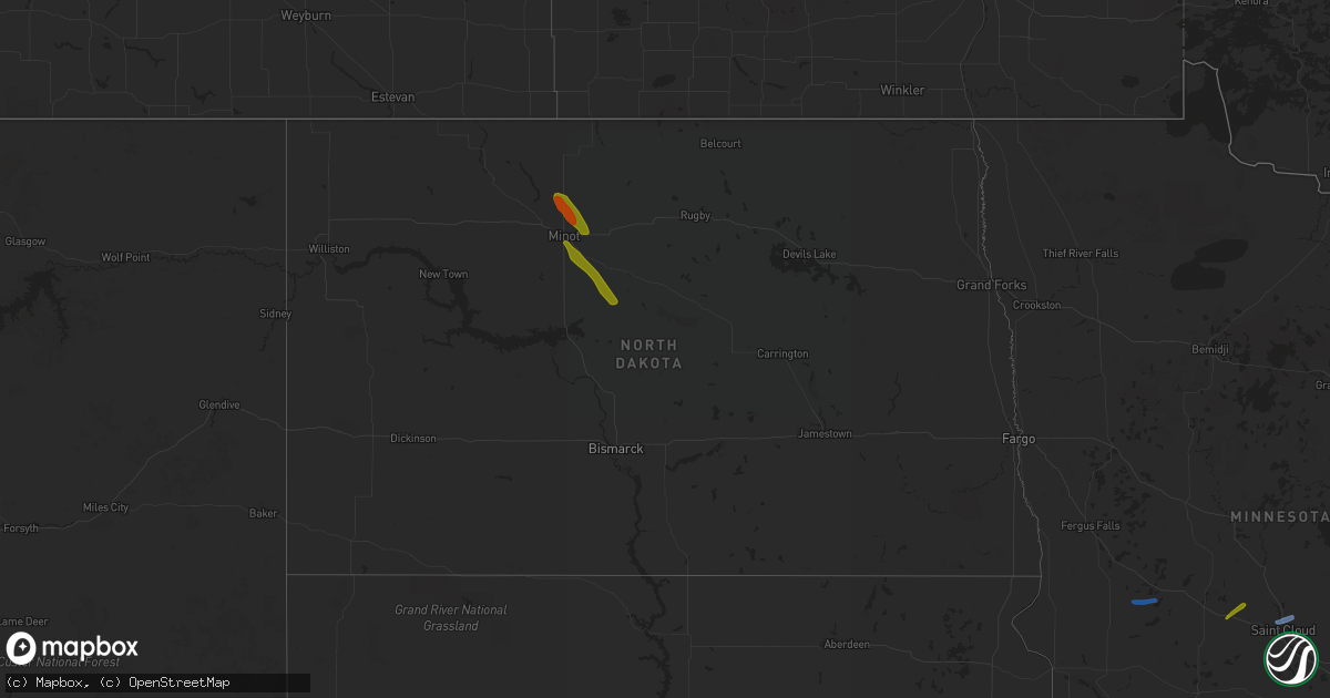 Hail map in North Dakota on August 14, 2020