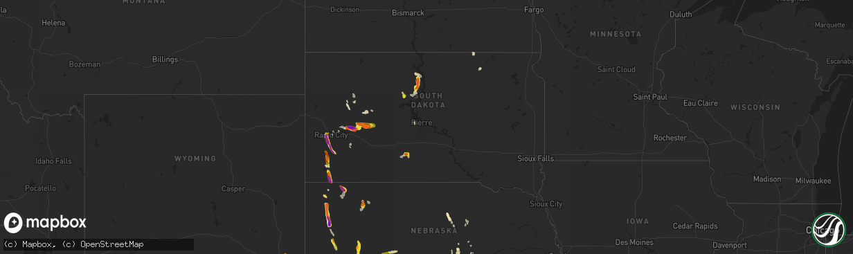 Hail map in South Dakota on August 14, 2021