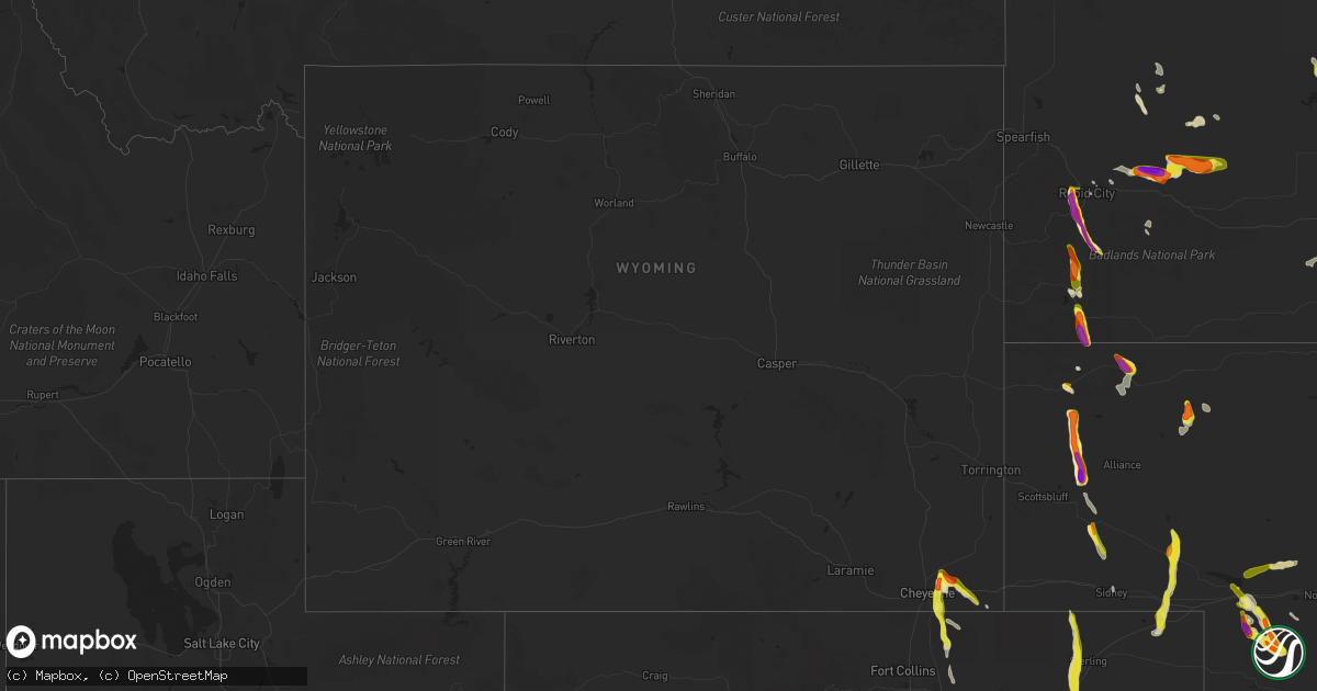 Hail map in Wyoming on August 14, 2021