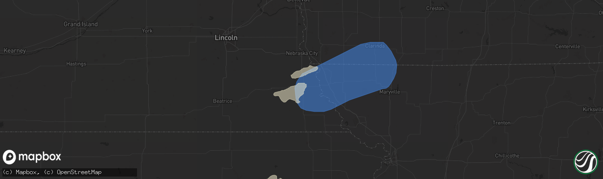 Hail map in Auburn, NE on August 14, 2024