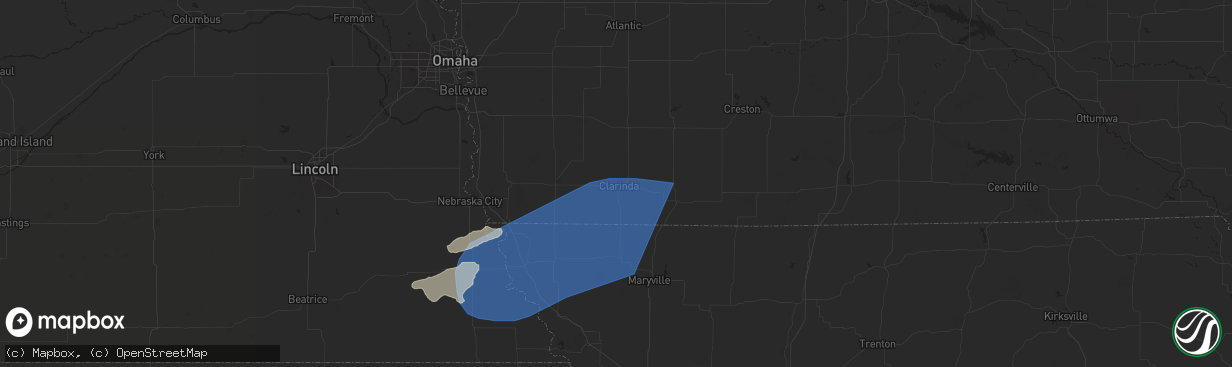 Hail map in Clarinda, IA on August 14, 2024