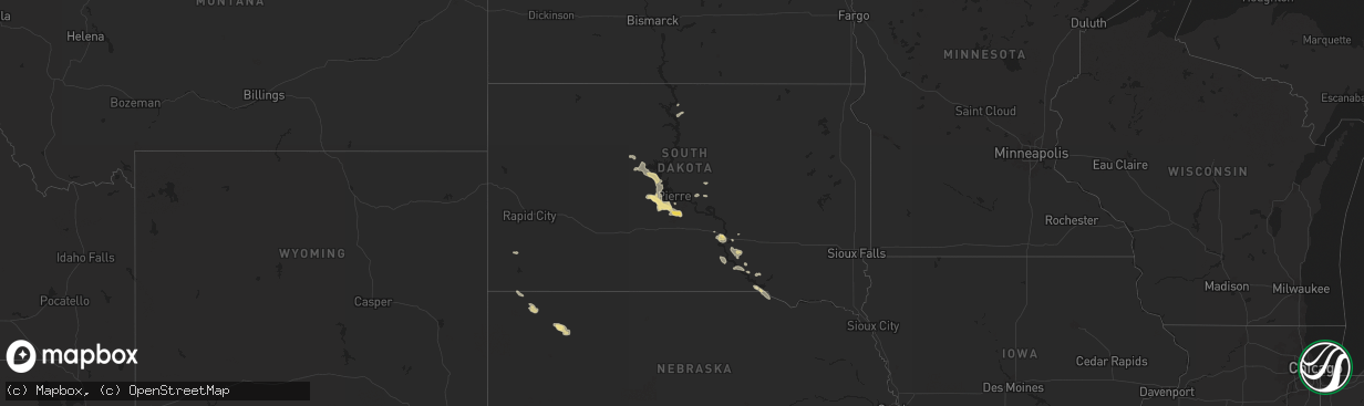 Hail map in South Dakota on August 14, 2024